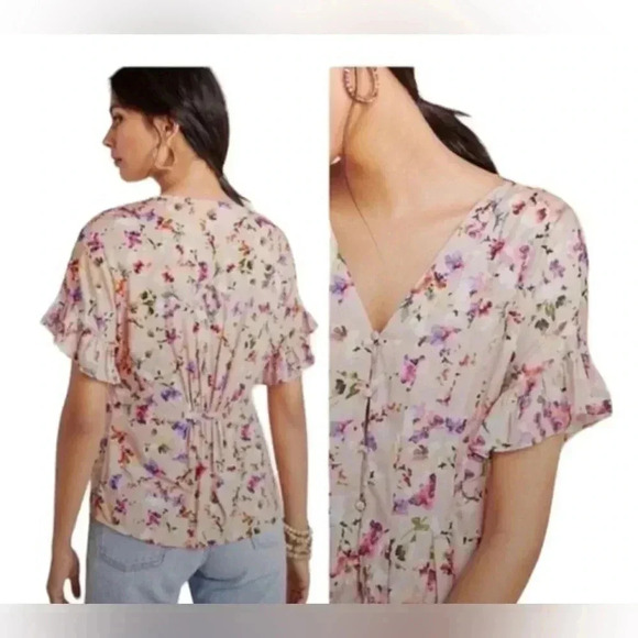 Anthropologie Dolan Blouse Floral Feminine Pink Flowers Ruffles Flowy Buttons - Picture 3 of 14